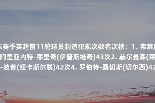 本赛季英超前11轮球员制造犯规次数名次榜：1. 弗莱肯(布伦特福德)55次2. 阿里亚内特-穆里奇(伊普斯维奇)43次2. 赫尔曼森(莱斯特城)43次4. 尼克-波普(纽卡斯尔联)42次4. 罗伯特-桑切斯(切尔西)42次6. 迪恩-亨德森(水晶宫)39次7. 拉姆斯代尔(富勒姆)36次8. 巴尔特-费布鲁亨(布莱顿)34次8. 莱诺(富勒姆)34次8. 戴维-拉亚(阿森纳)34次体育赛事直播